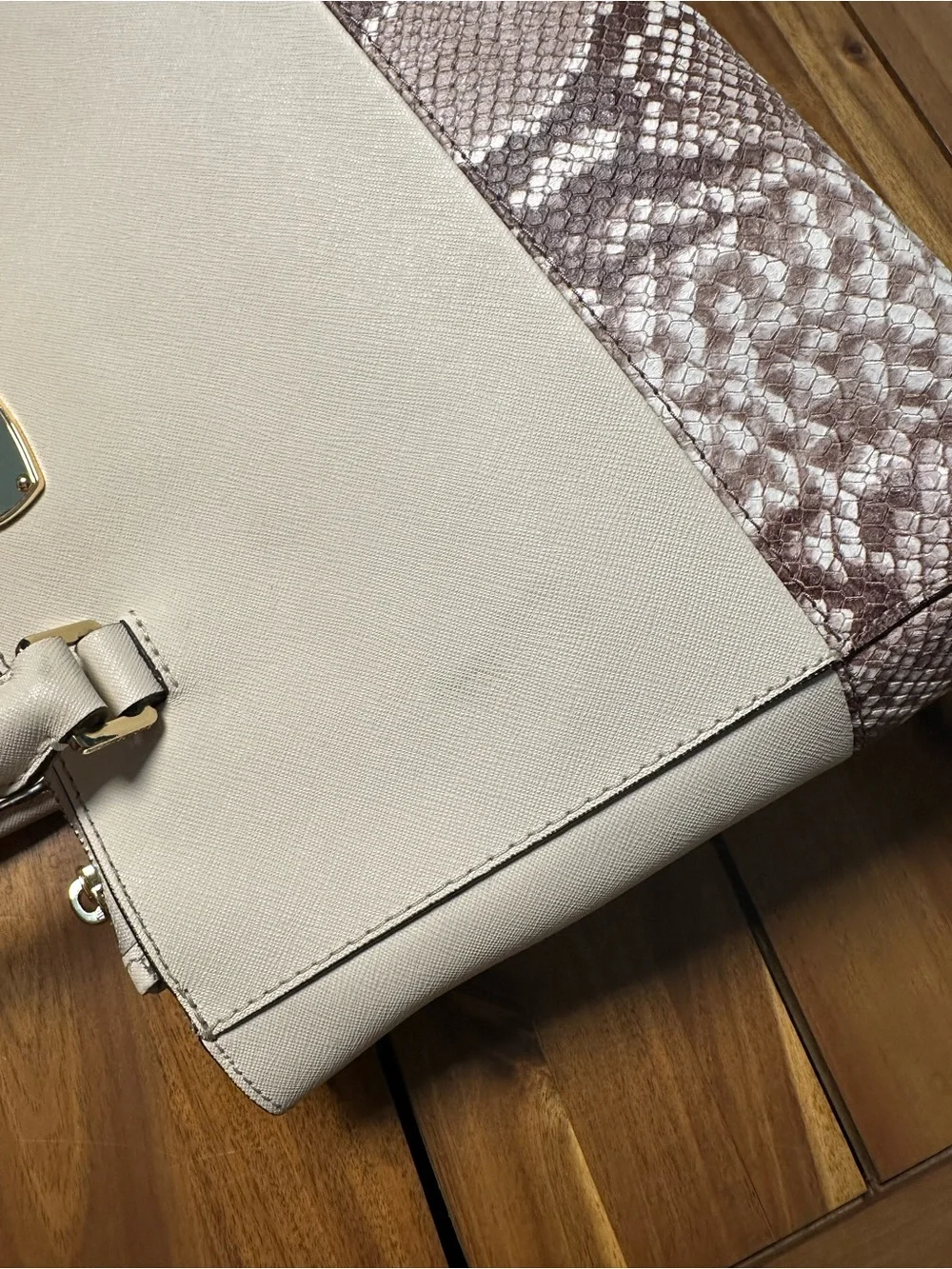 Michael Kors Cream Leather Satchel with Brown Snake-Print Trim